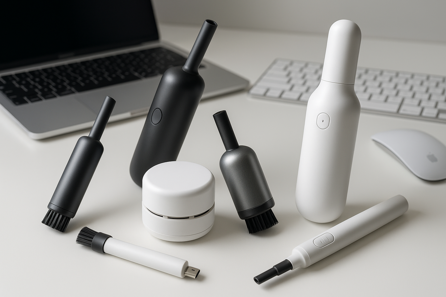 Mini desktop vacuum cleaner removing dust and crumbs from keyboard and office desk electronics.