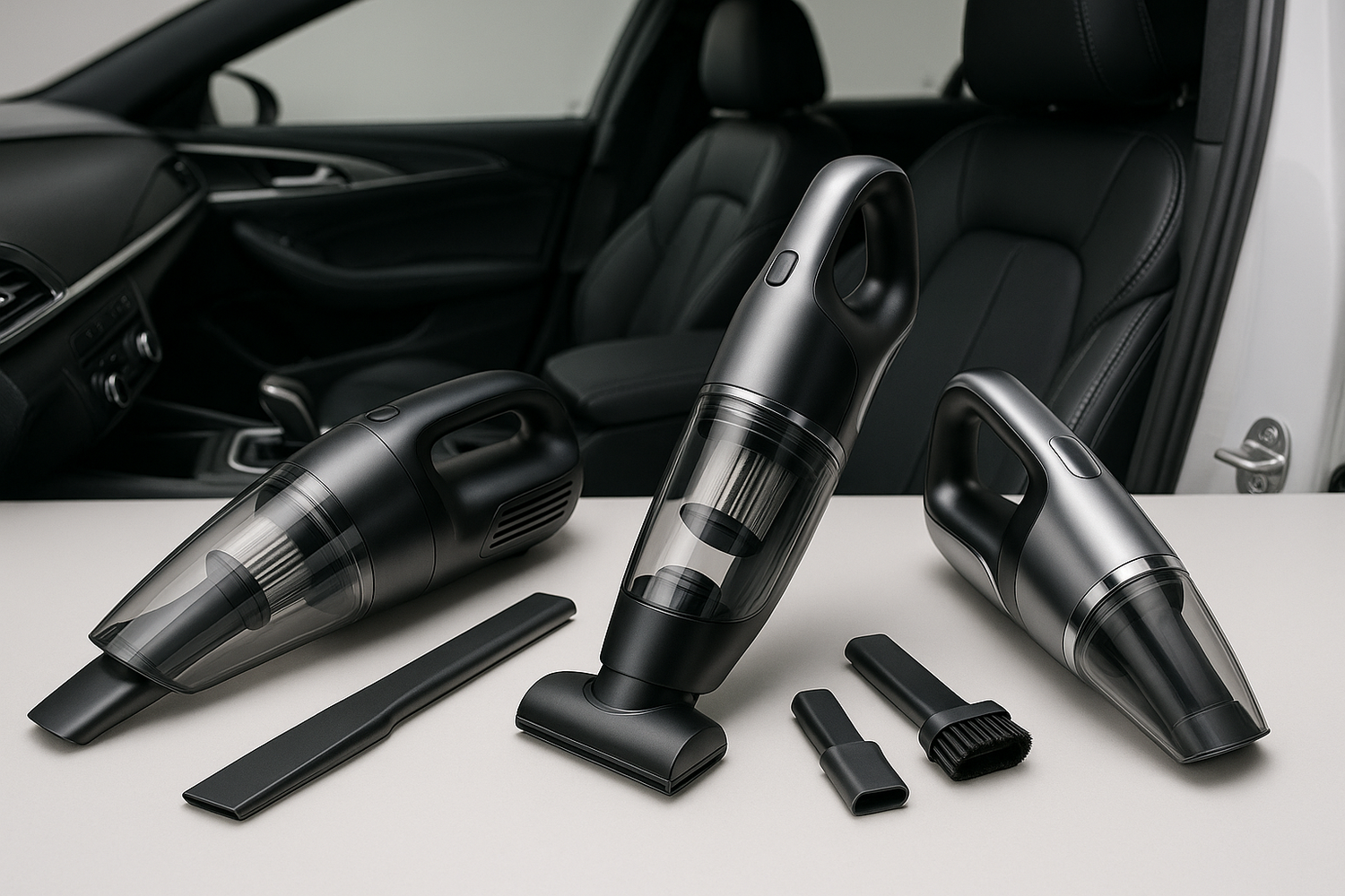 Wireless handheld car vacuum cleaning dust and crumbs from a car seat interior with multiple nozzle attachments.