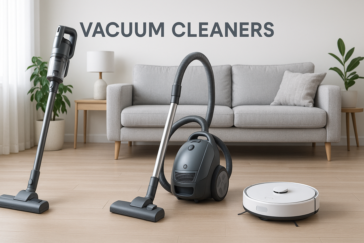 Corded and cordless vacuum cleaners cleaning living room floors, furniture, and tight home spaces with powerful suction and HEPA filtration.