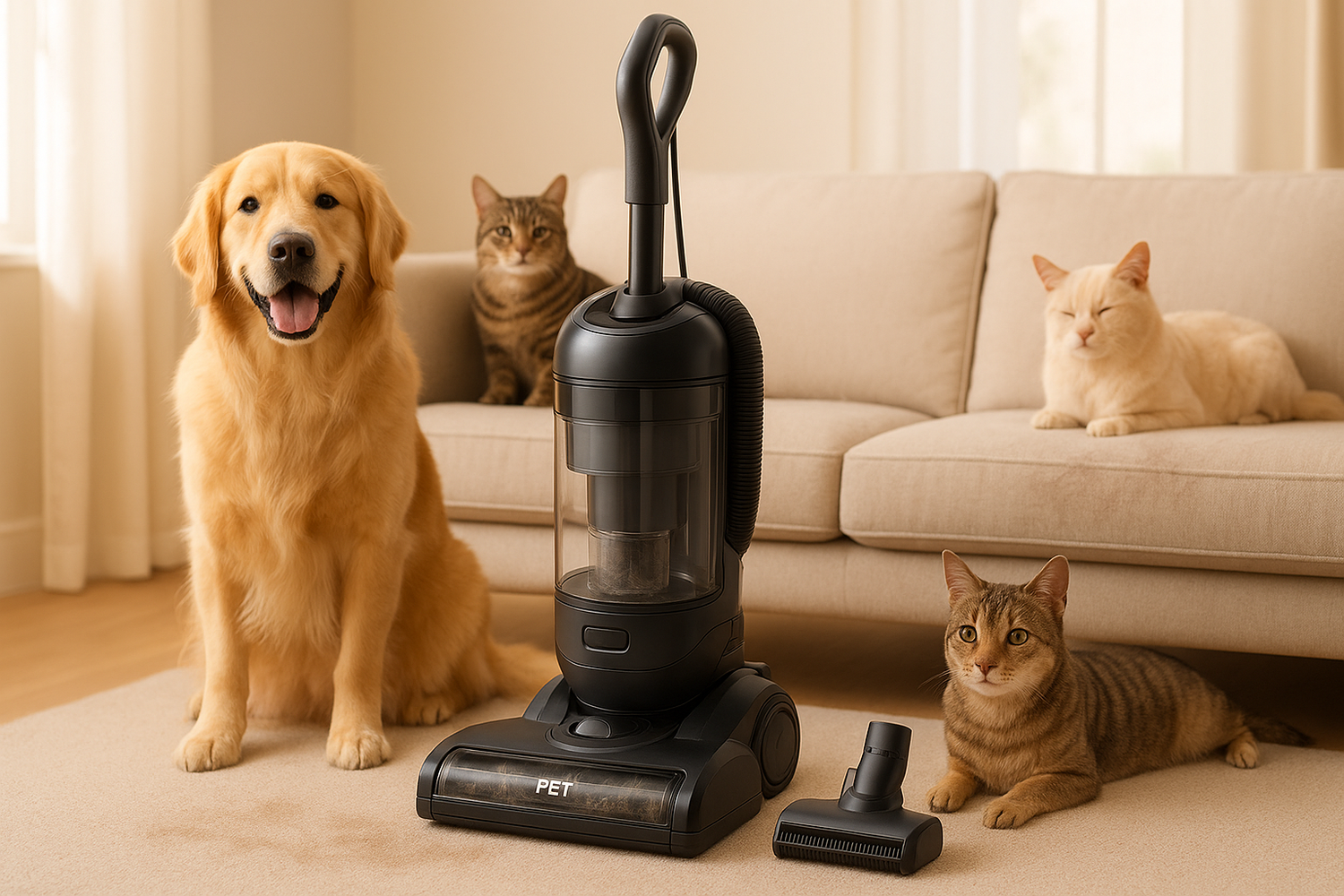 Pet hair vacuum and grooming attachment removing fur from couch cushions and pet bedding.